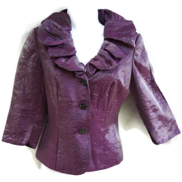 Adrianna Papell Evening Shimmer Jacket Ruffled Collar Black Jeweled Buttons 6P - Picture 2 of 8